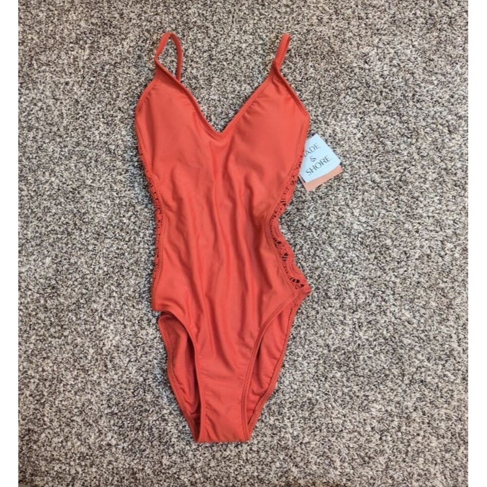Shade & Shore XS Women's Crochet Side Panel Orange One Piece Swimsuit